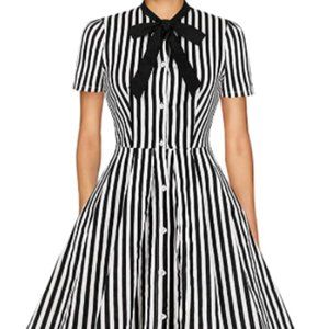Black and White Stipes Print Tie Neck Bottom Down Dress